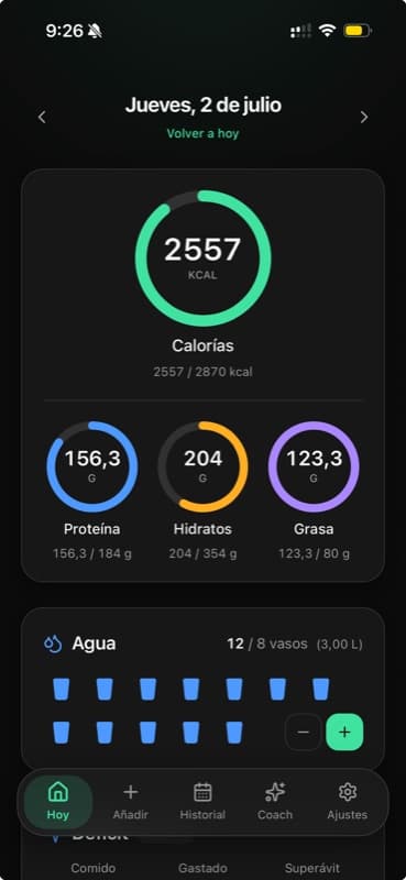 Resumen diario de calorías y macros en Digrasa